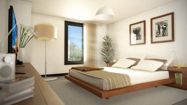 Rendering of a furnished bedroom with modern furniture, wall art above the bed, and a large window
