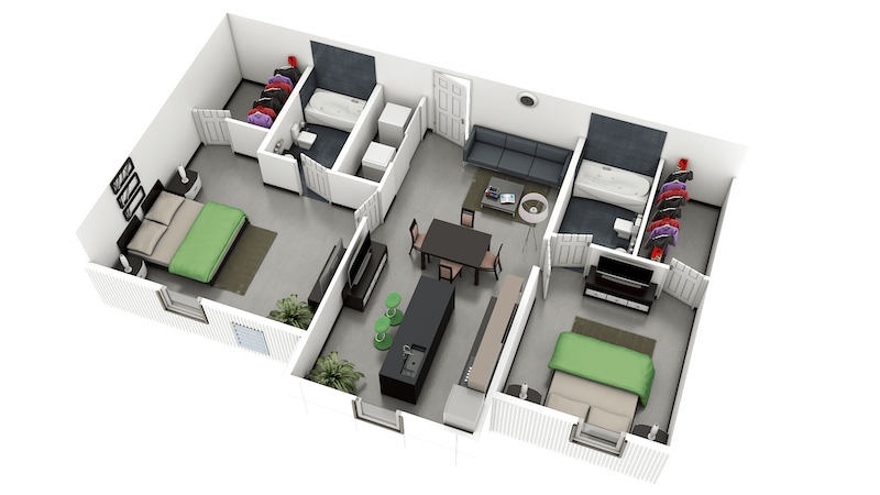 2-bed, 2-bath floor plan layout in building one at Fishtown Flats